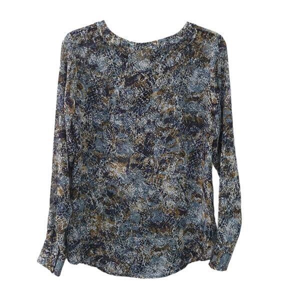 Ann Taylor Blouse Size 2 Semisheer Abstract Fall Colors Brown Blue Long Sleeve - Picture 2 of 6